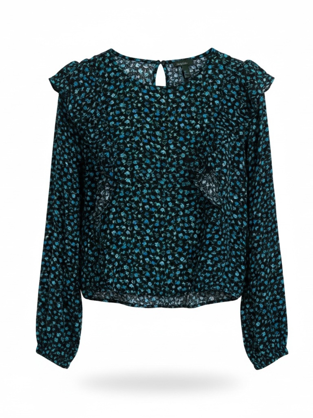 NEW Wild Fable Floral Black Ruffle Detail Keyhole Back Blouse